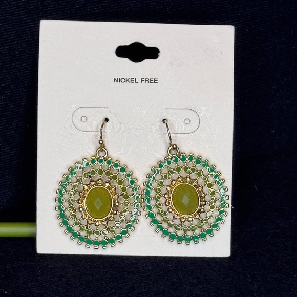 Chic Boho Green & Gold Statement Earrings - Nickel Free 1.5in - Picture 1 of 5